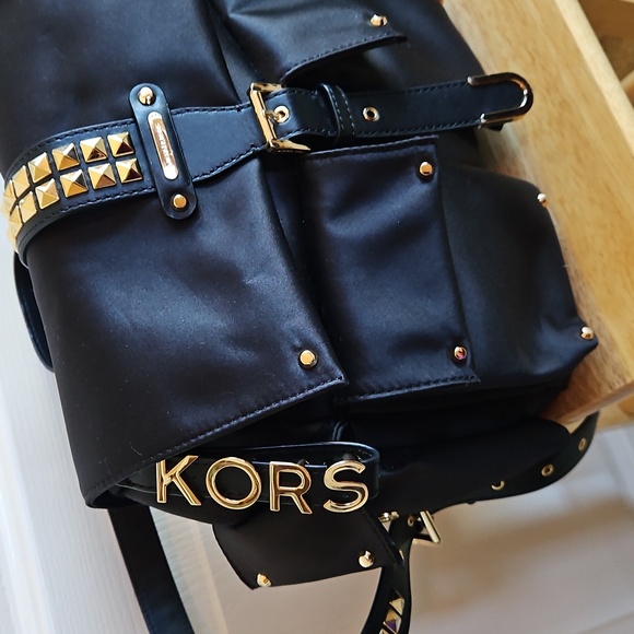 Michael Kors Olivia Medium Studded Black Backpack with Gold Tone Studs ???NWO Michael Kors Olivia Black Medium Studded Satin Backpack Gold  main image 3